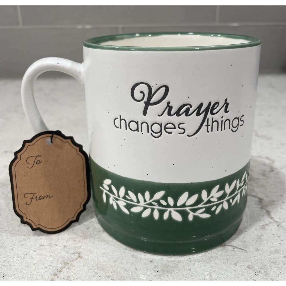 PRAYER CHANGES THINGS Faith Green White Floral 18oz Coffee Mug Gift Tag NEW